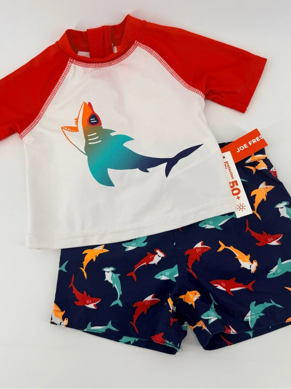 Joe Fresh Red & White Shark Rashguard Set with Navy Multi-Shark Swim Trunks